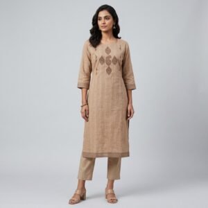 Women's Beige Cotton Blend Embroidered Kurti - Size XXL