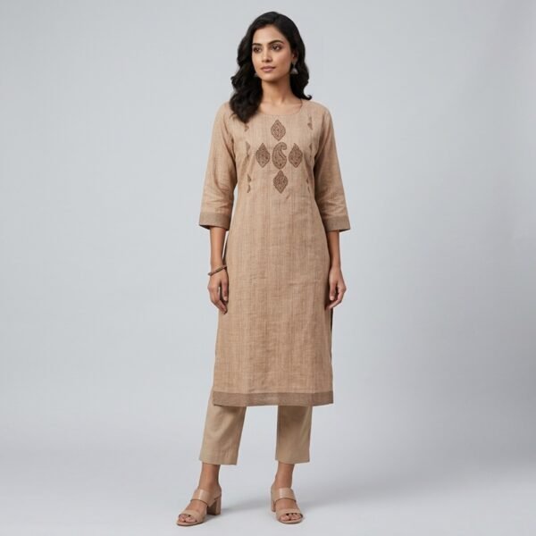 Women's Beige Cotton Blend Embroidered Kurti - Size XXL