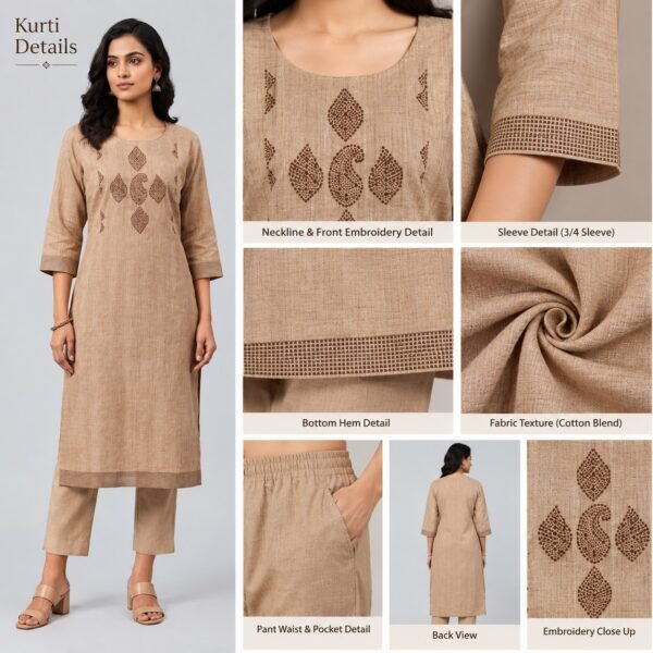 Women's Beige Cotton Blend Embroidered Kurti - Size XXL