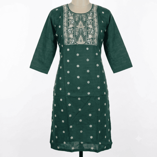 Women's Dark Green Floral Embroidered Cotton Kurti - Size XL