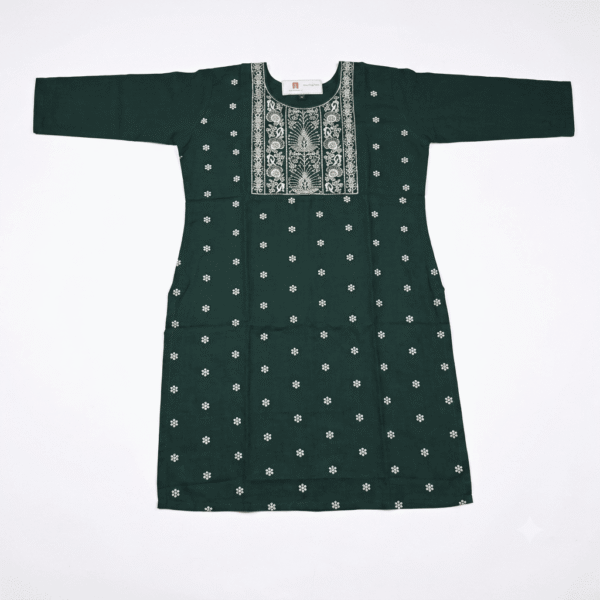Women's Dark Green Floral Embroidered Cotton Kurti - Size XL