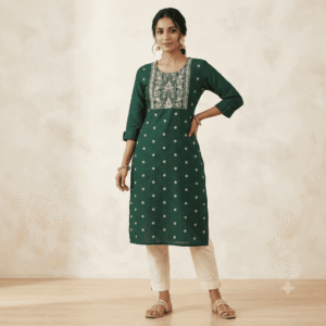 Women's Dark Green Floral Embroidered Cotton Kurti - Size XL