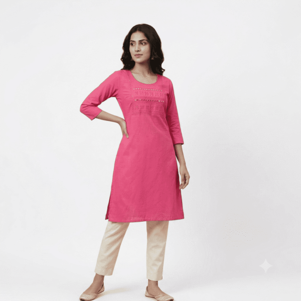 Women's Ranee Pink Embroidered Cotton Kurti - Size L