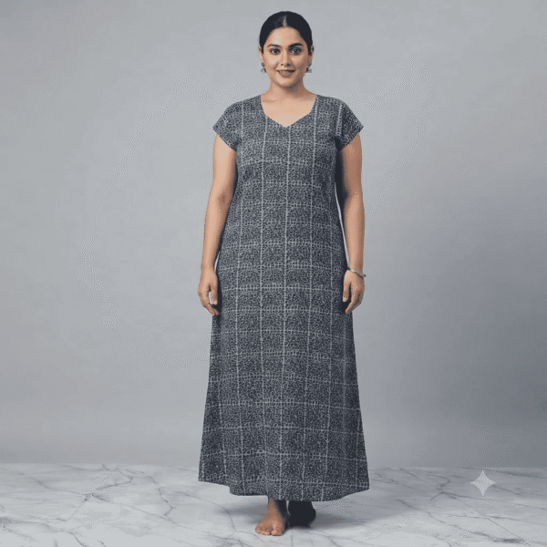 Women's Slate Grey Leaf Motif Block-Print Maxi Nighty - Size XXL