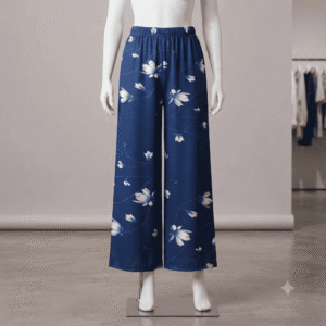 Women's Navy Blue & White Floral Printed Ribbed Palazzos - Size XL