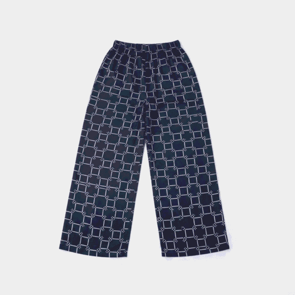 Women's Dark Navy Blue & White Geometric Grid Ribbed Palazzos - Size L