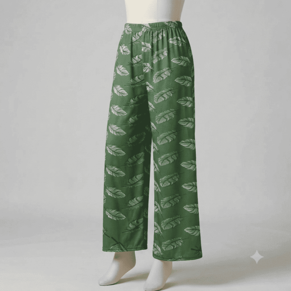 Women's Olive Green Feather Print Ribbed Palazzos - Size XL