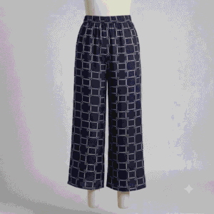 Women's Dark Navy Blue & White Geometric Grid Ribbed Palazzos - Size L