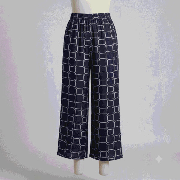 Women's Dark Navy Blue & White Geometric Grid Ribbed Palazzos - Size L