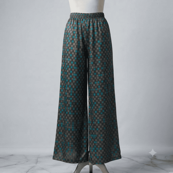 Women's Teal & Grey Checkered Ribbed Palazzos - Size L