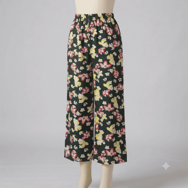 Women's Dark Green Floral Print Ribbed Palazzos - Size L