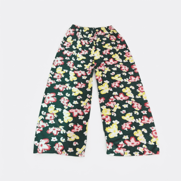 Women's Dark Green Floral Print Ribbed Palazzos - Size L