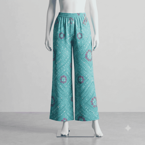 Women's Turquoise Blue & Pink Bandhani Printed Ribbed Palazzos - Size XL