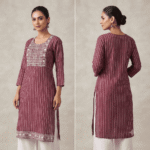 Women's Maroon Striped Embroidered Cotton Kurti - Size L