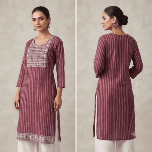 Women's Maroon Striped Embroidered Cotton Kurti - Size L