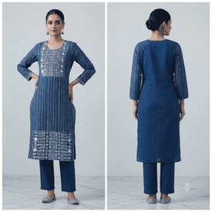 Women's Indigo Blue Striped Embroidered Cotton Kurti - Size L