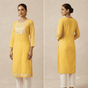 Women's Bright Yellow Striped Embroidered Cotton Kurti - Size L
