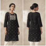 Women's Black Striped Embroidered Cotton Kurti - Size XL