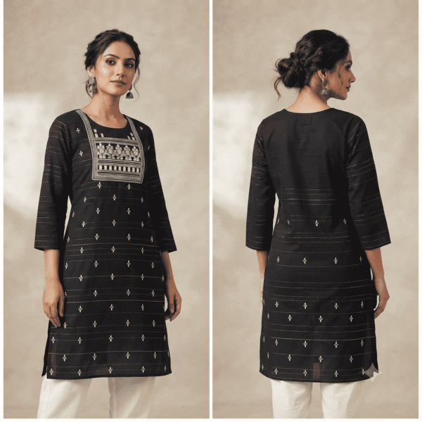 Women's Black Striped Embroidered Cotton Kurti - Size XL
