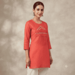Women's Coral Orange Mirror-Embroidered Cotton Kurti - Size L