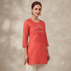 Women's Coral Orange Mirror-Embroidered Cotton Kurti - Size L