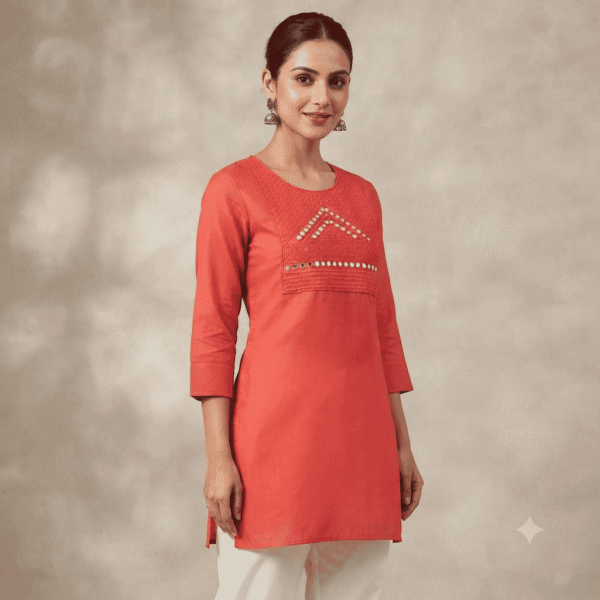 Women's Coral Orange Mirror-Embroidered Cotton Kurti - Size L