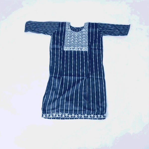 Women's Navy Blue Striped Embroidered Cotton Kurti - Size L