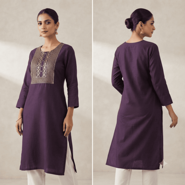 Women's Deep Plum Gold-Printed Cotton Kurti - Size L