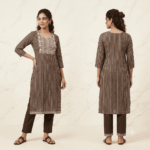 Women's Espresso Brown Striped Embroidered Cotton Kurti - Size L