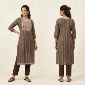 Women's Espresso Brown Striped Embroidered Cotton Kurti - Size L