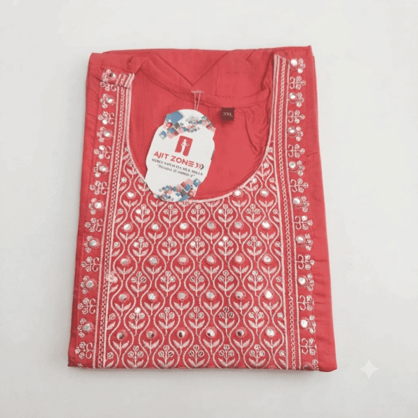 Women's Coral Pink Embroidered Cotton Kurti - Size 3XL