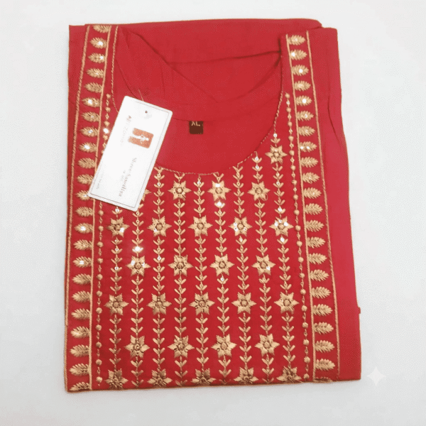 Women's Vibrant Red Gold-Embroidered Cotton Kurti - Size XL