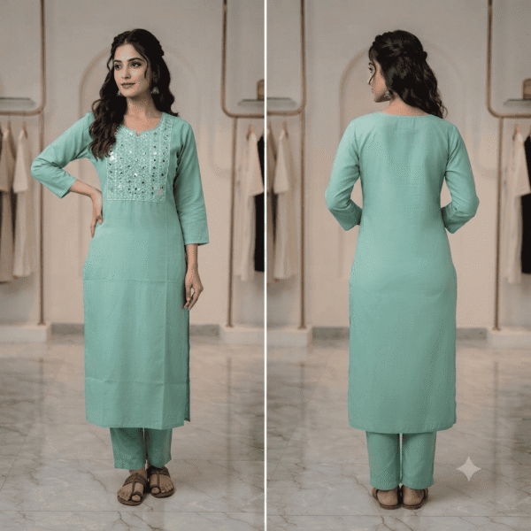 Women's Mint Green Mirror-Embroidered Cotton Kurti - Size 3XL