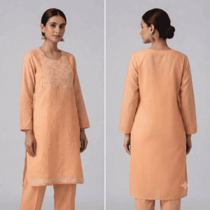 Women's Peach Striped Embroidered Cotton Kurti - Size L