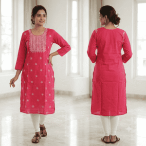 Women's Ranee Pink Floral Embroidered Cotton Kurti - Size XL