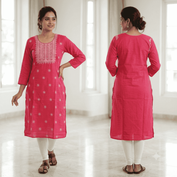 Women's Ranee Pink Floral Embroidered Cotton Kurti - Size XL