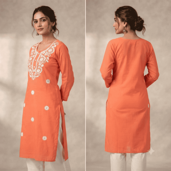 Women's Peach Floral Embroidered Cotton Kurti - Size XL