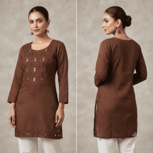Women's Rich Brown Embroidered Cotton Kurti - Size L