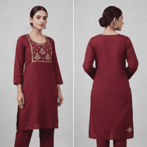 Women's Maroon Gold-Embroidered Cotton Kurti - Size XL