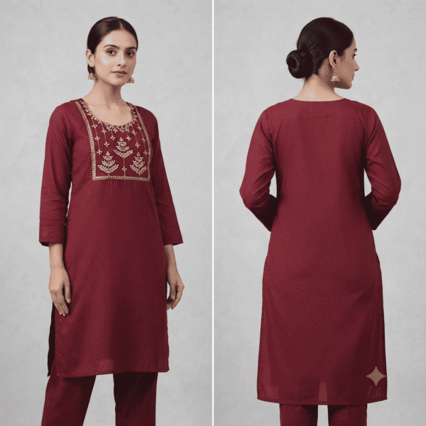 Women's Maroon Gold-Embroidered Cotton Kurti - Size XL