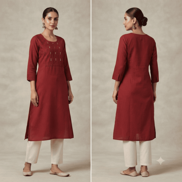Women's Maroon Embroidered Cotton Kurti - Size L