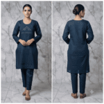 Women's Deep Blue Geometric Embroidered Cotton Kurti - Size L
