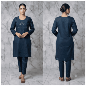 Women's Deep Blue Geometric Embroidered Cotton Kurti - Size L