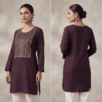 Women's Deep Plum Gold-Embroidered Cotton Kurti - Size L