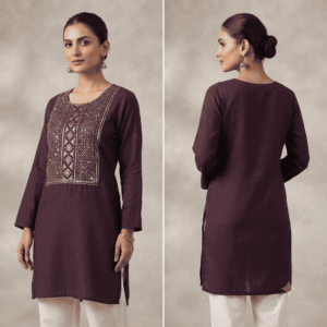 Women's Deep Plum Gold-Embroidered Cotton Kurti - Size L