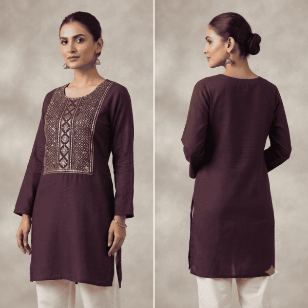 Women's Deep Plum Gold-Embroidered Cotton Kurti - Size L