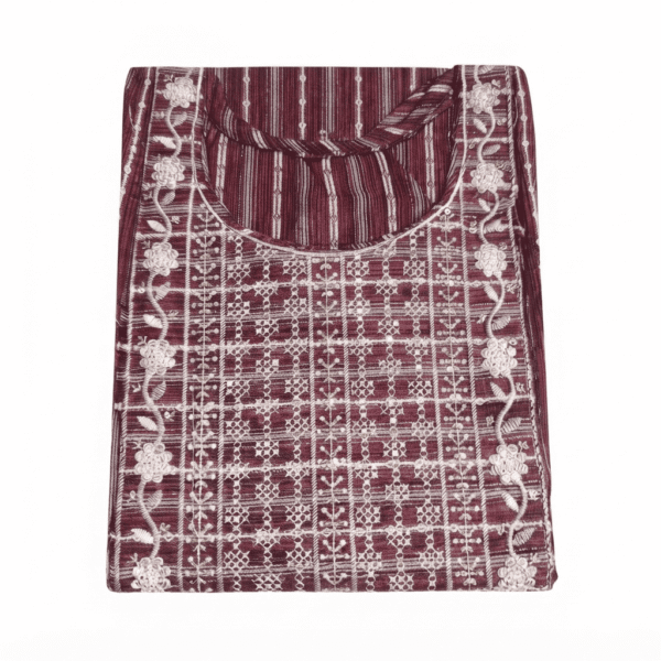 Women's Maroon Striped Embroidered Cotton Kurti - Size L