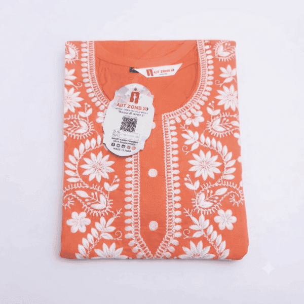 Women's Peach Floral Embroidered Cotton Kurti - Size XL