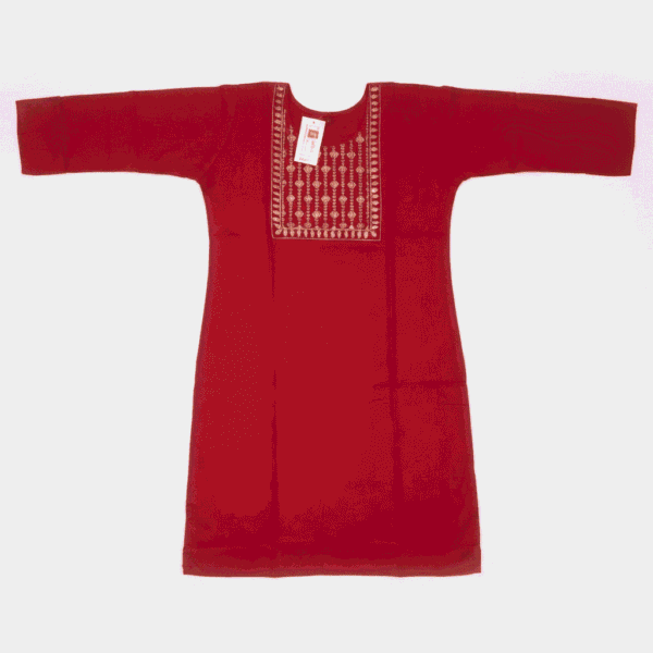 Women's Vibrant Red Gold-Embroidered Cotton Kurti - Size XL