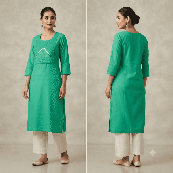 Women's Sea Green Embroidered Cotton Kurti - Size L